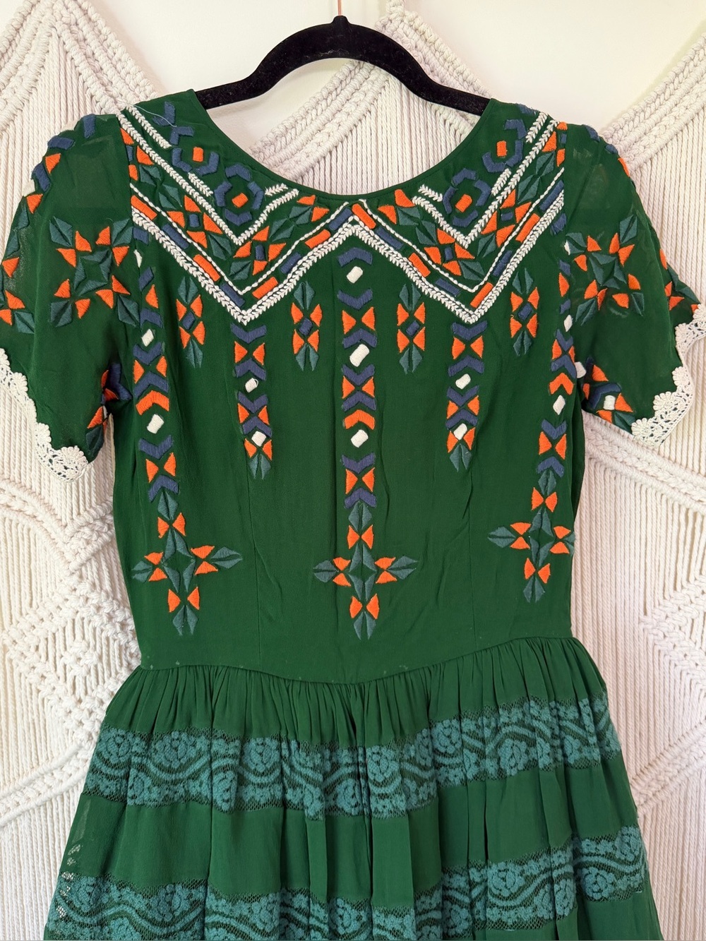 Hemant & Nandita Anthropologie Green Embroidered Full Skirt Dress S - Picture 3 of 14